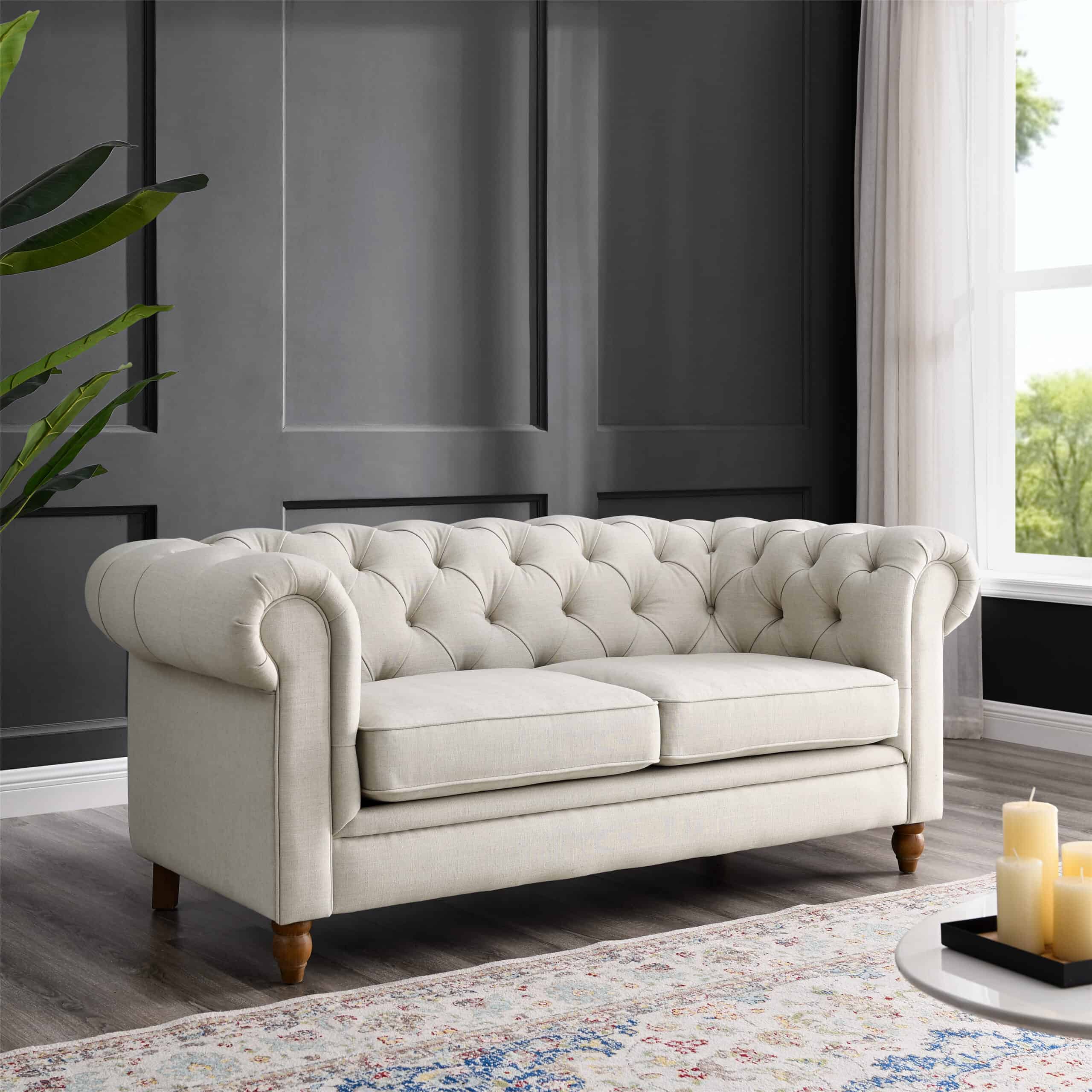 Amelia Natural Linen Two Seater Chesterfield Sofa