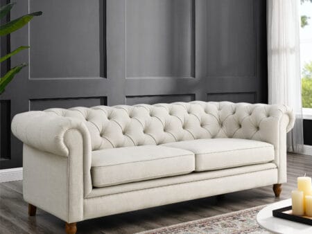 Amelia Oatmeal Linen Chesterfield Three Seater Sofa